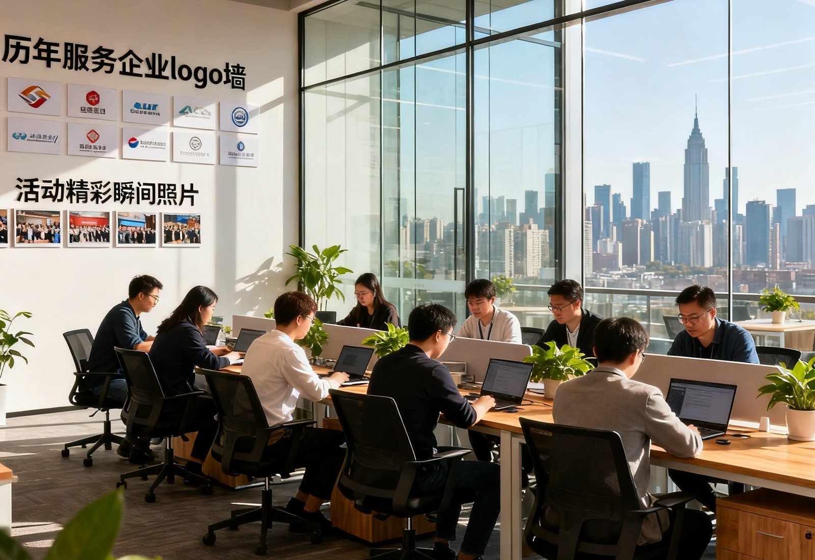 9728太阳集团北京总部办公区实景，开放式的办公空间里几十位员工正在协作，墙上挂着历年服务的企业logo墙和活动精彩瞬间照片，落地窗外是城市天际线，阳光充沛。